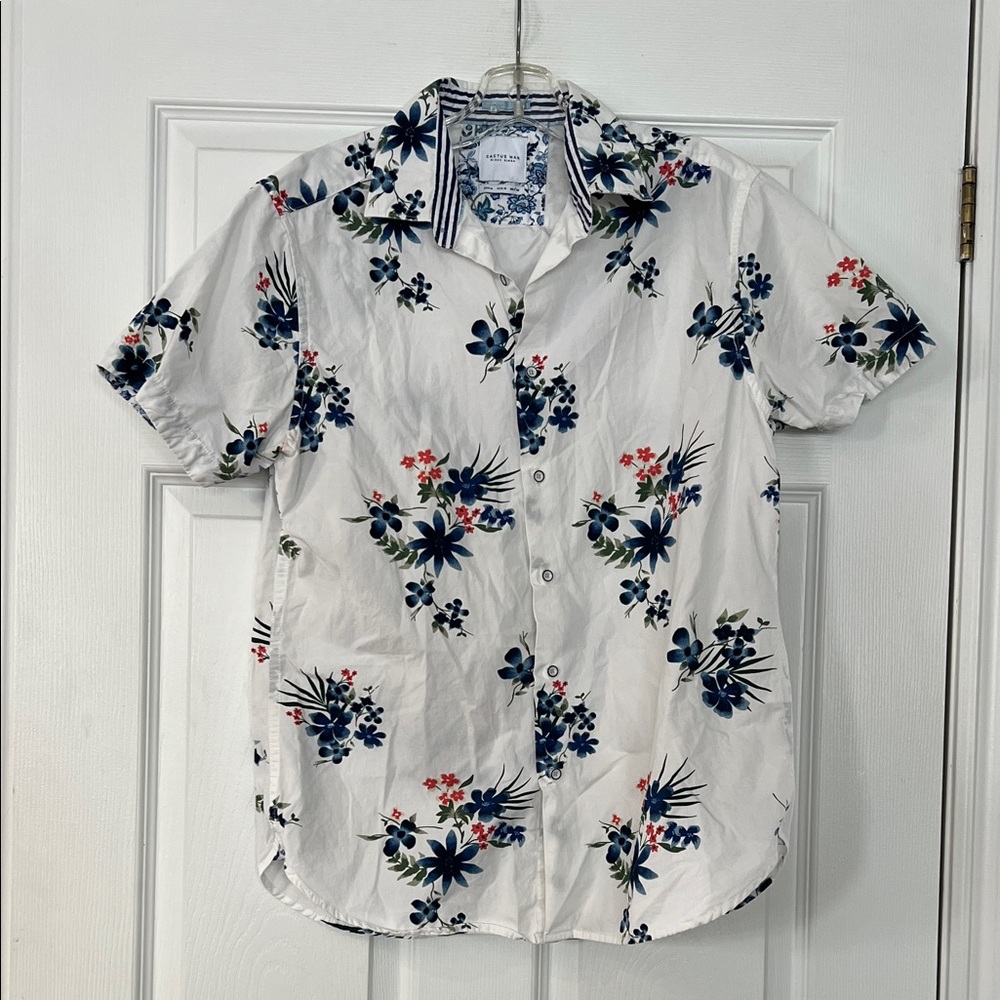 Men's Floral Button-Down Shirt - White with Blue and Red